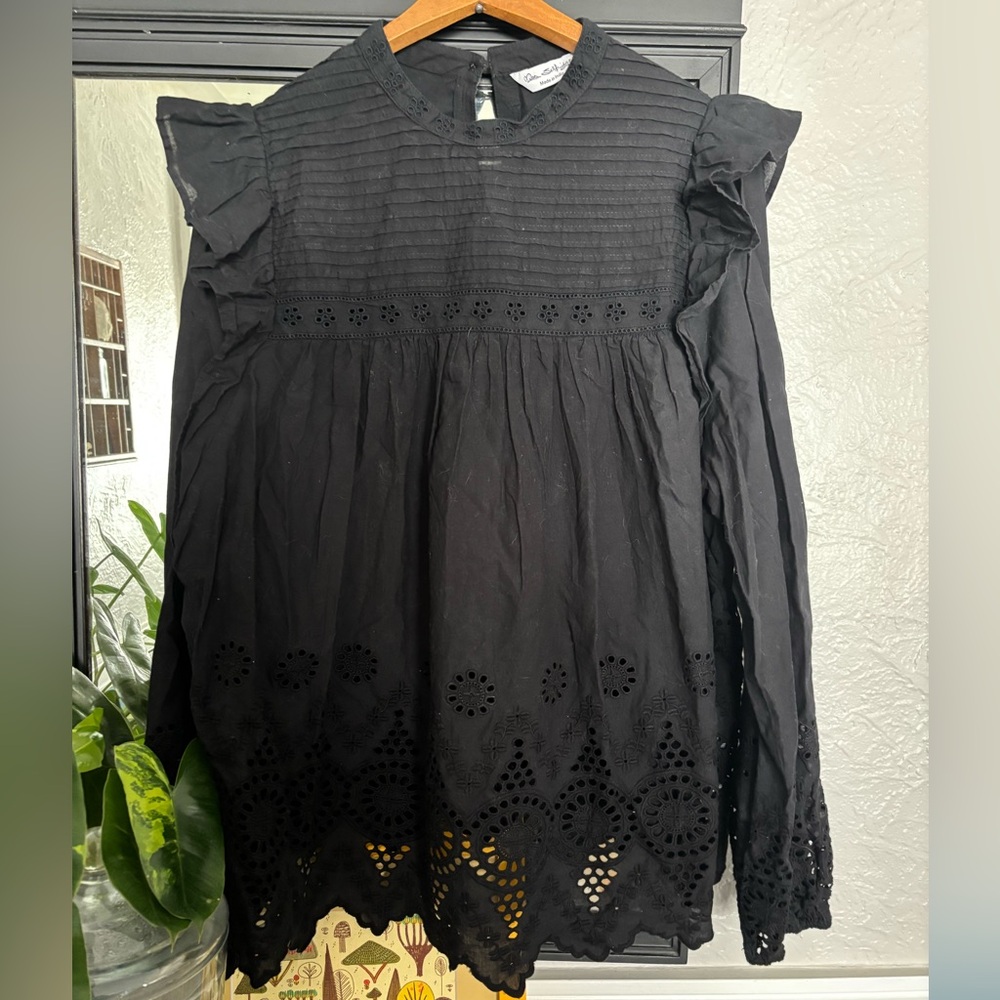 Miss Selfridge Black Eyelet Lace Detail Long Sleeve Tunic